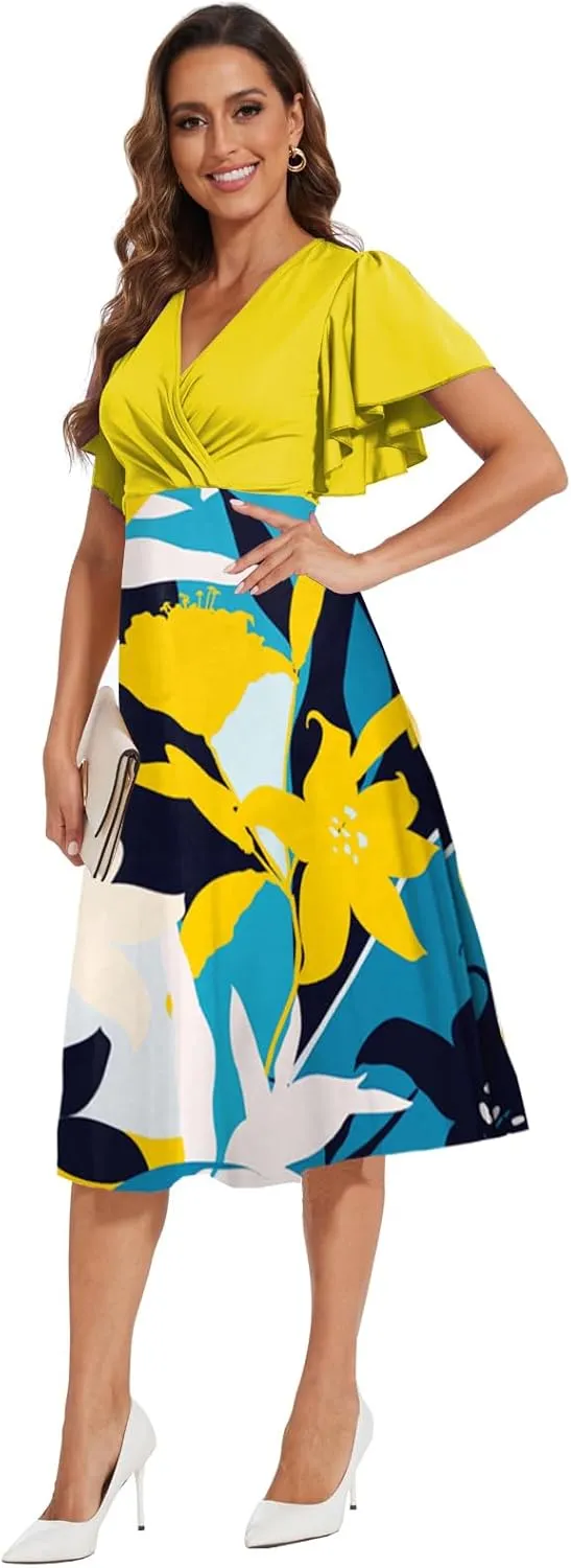 shengfan Women's Summer Short Sleeve Maxi Dresses Casual Deep V Neck Long Dress Club Party A-Line Dress
