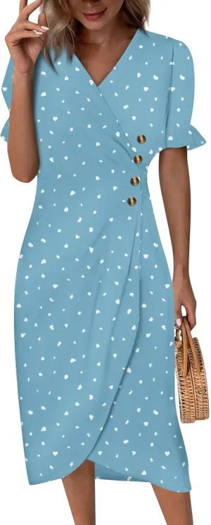 Shift Dresses for Women Faux Wrap Irregular Hem Boho Midi-Dress Elegant Summer 2025 Trendy