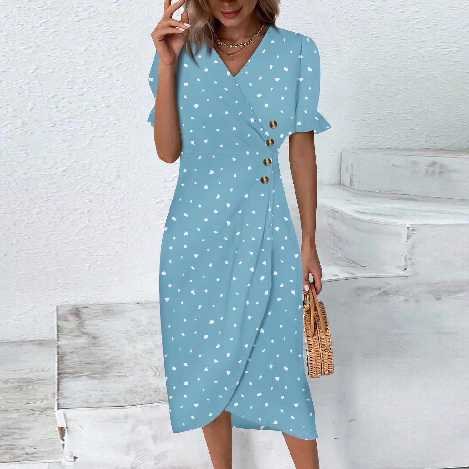 Shift Dresses for Women Faux Wrap Irregular Hem Boho Midi-Dress Elegant Summer 2025 Trendy