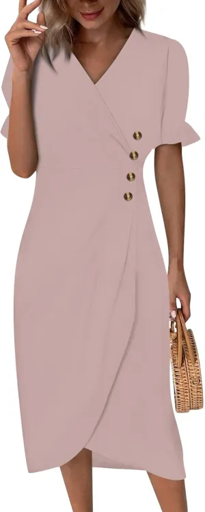 Shift Dresses for Women Faux Wrap Irregular Hem Boho Midi-Dress Elegant Summer 2025 Trendy