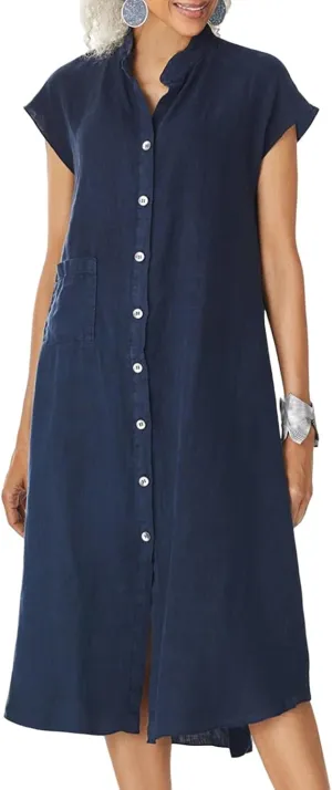 Shirt Dresses for Women Button Down Knee Length Cotton Linen Dress Cover Up Oversized Blouse Tops Flowy Dress Pockets