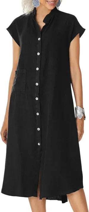 Shirt Dresses for Women Button Down Knee Length Cotton Linen Dress Cover Up Oversized Blouse Tops Flowy Dress Pockets