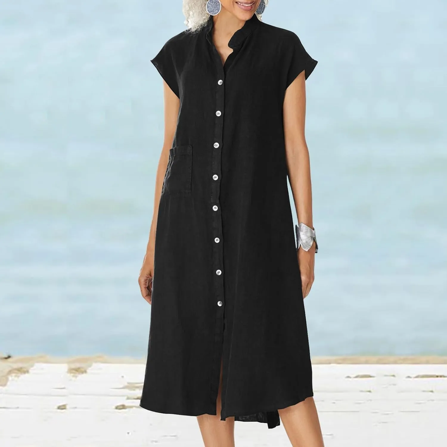 Shirt Dresses for Women Button Down Knee Length Cotton Linen Dress Cover Up Oversized Blouse Tops Flowy Dress Pockets