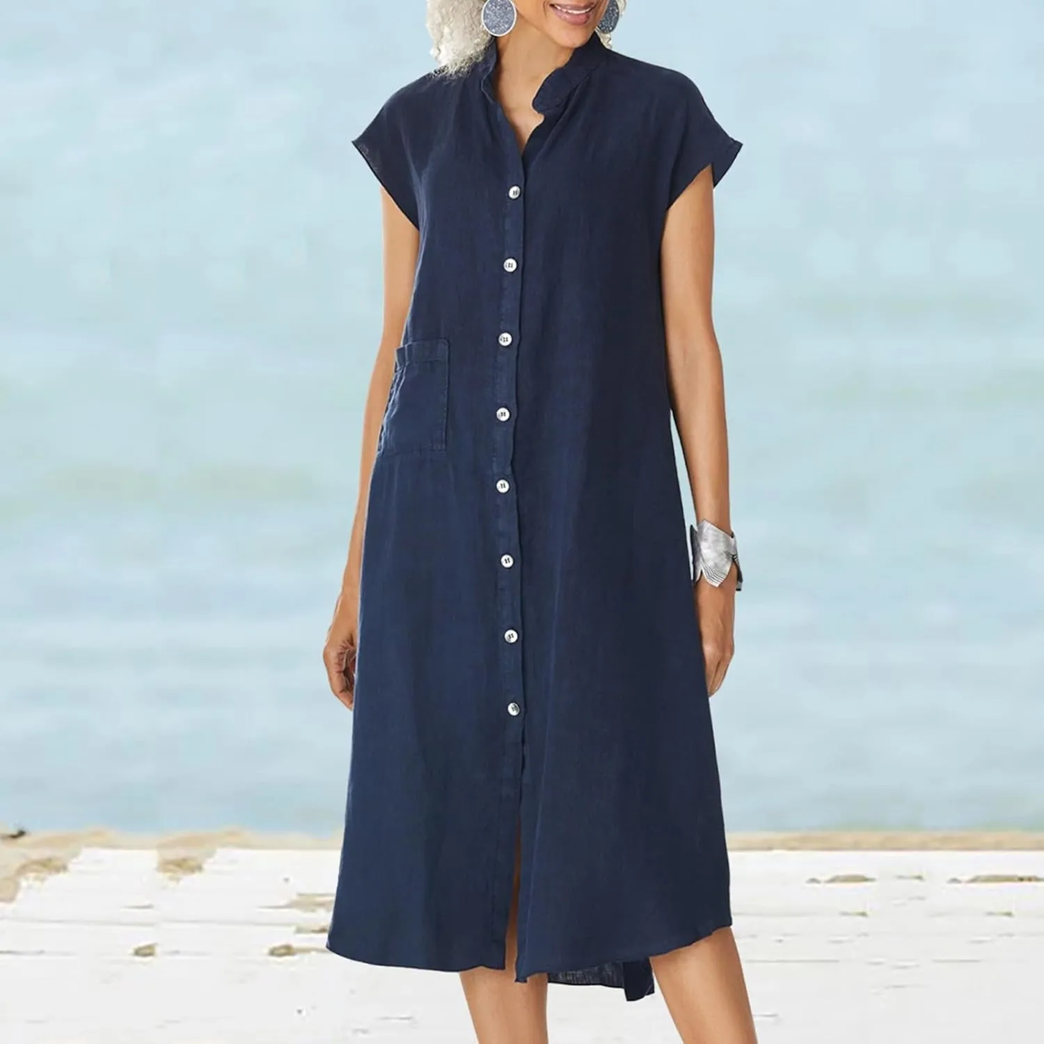 Shirt Dresses for Women Button Down Knee Length Cotton Linen Dress Cover Up Oversized Blouse Tops Flowy Dress Pockets