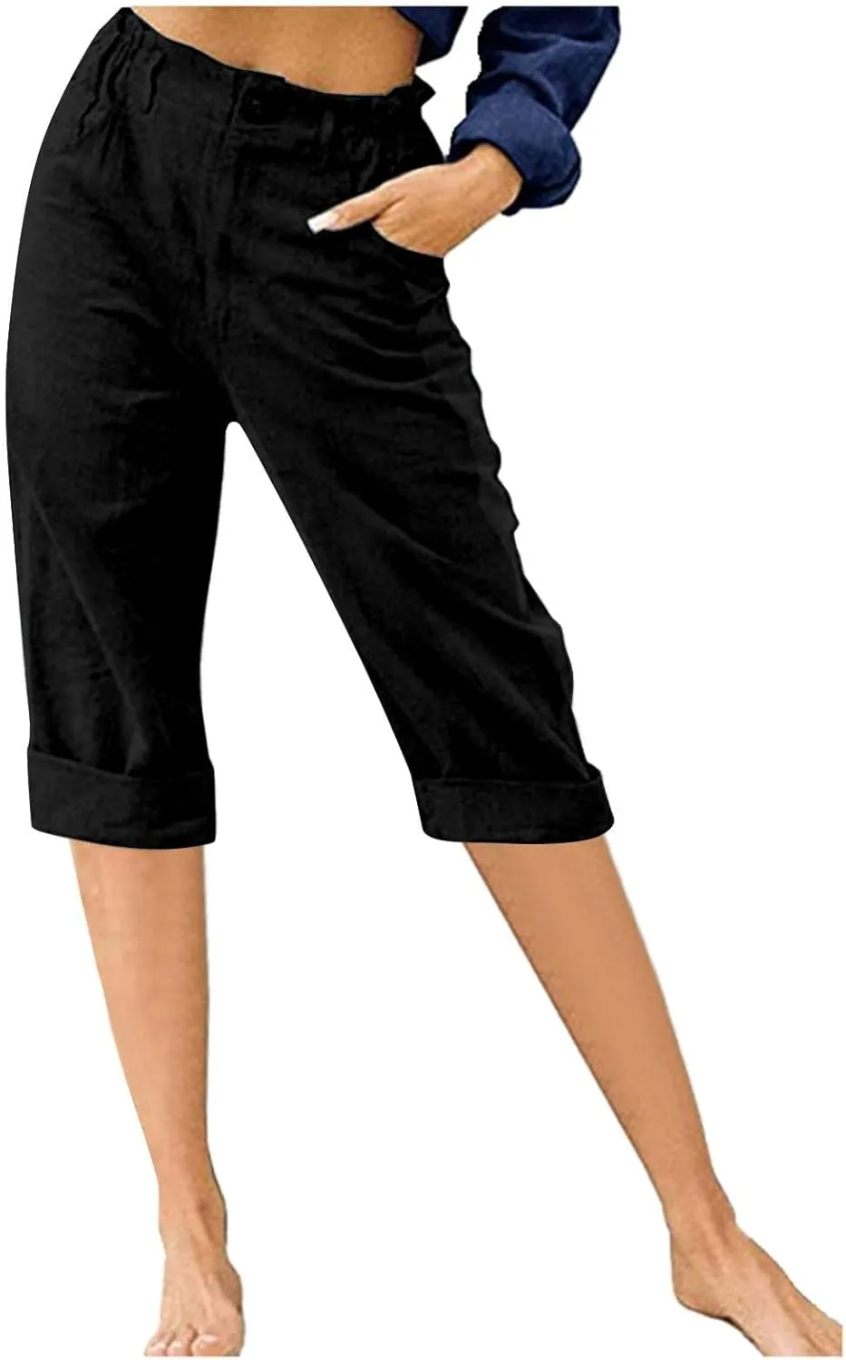Shorts for Women Cotton Linen Shorts Folded Hem Long Shorts Below The Knee Elastic Waist Shorts Summer Dressy Casual