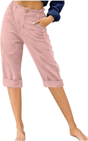 Shorts for Women Cotton Linen Shorts Folded Hem Long Shorts Below The Knee Elastic Waist Shorts Summer Dressy Casual