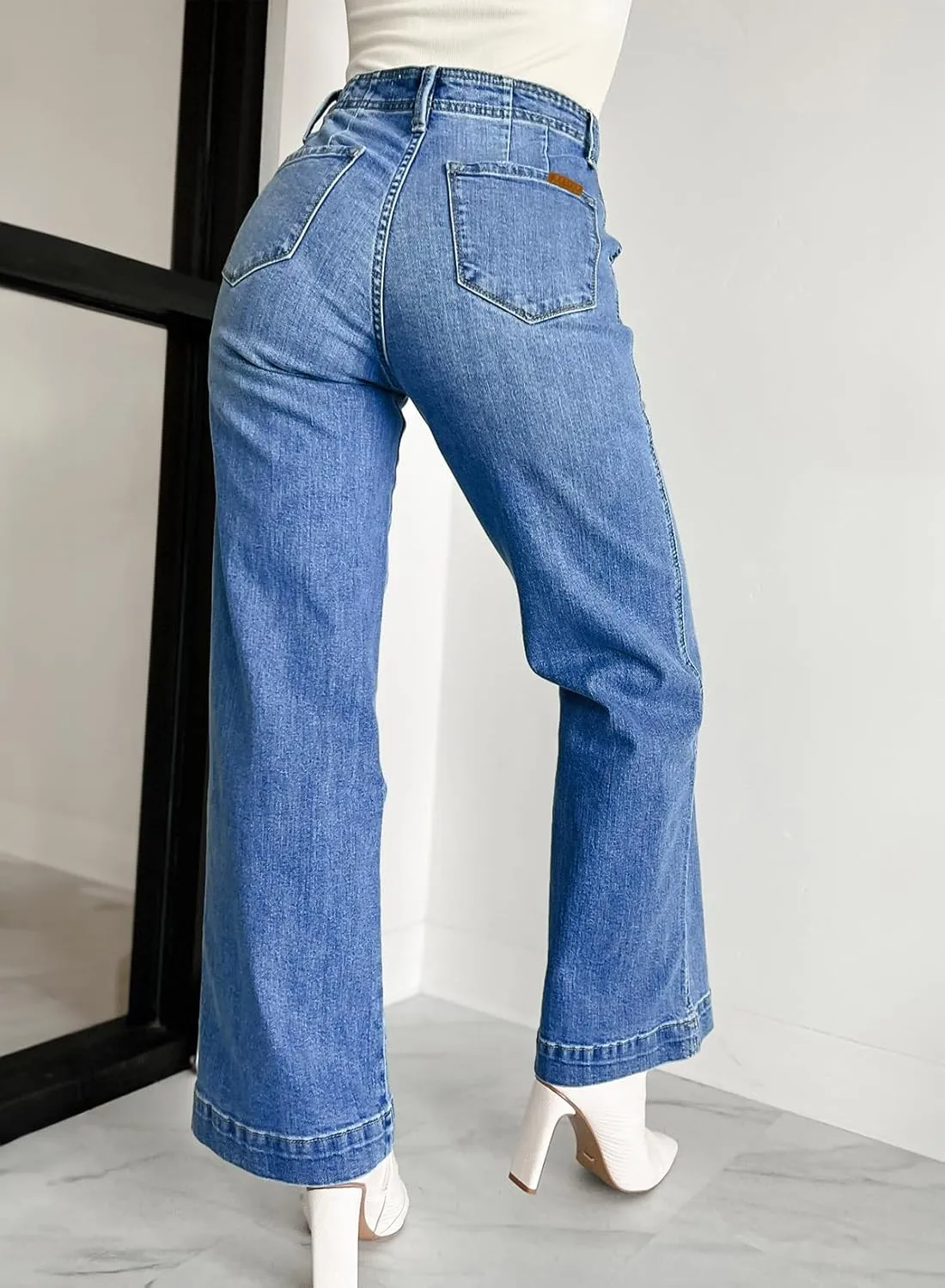 Sidefeel Women's Wide Leg Jeans High Waisted Button Fly Stretchy Straight Legs Denim Pants