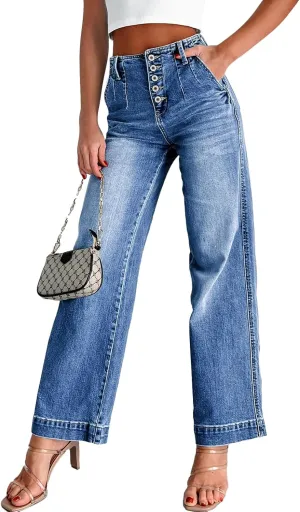 Sidefeel Women's Wide Leg Jeans High Waisted Button Fly Stretchy Straight Legs Denim Pants