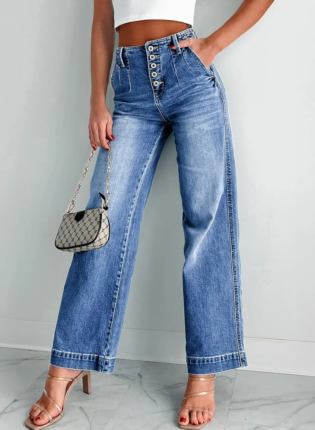 Sidefeel Women's Wide Leg Jeans High Waisted Button Fly Stretchy Straight Legs Denim Pants