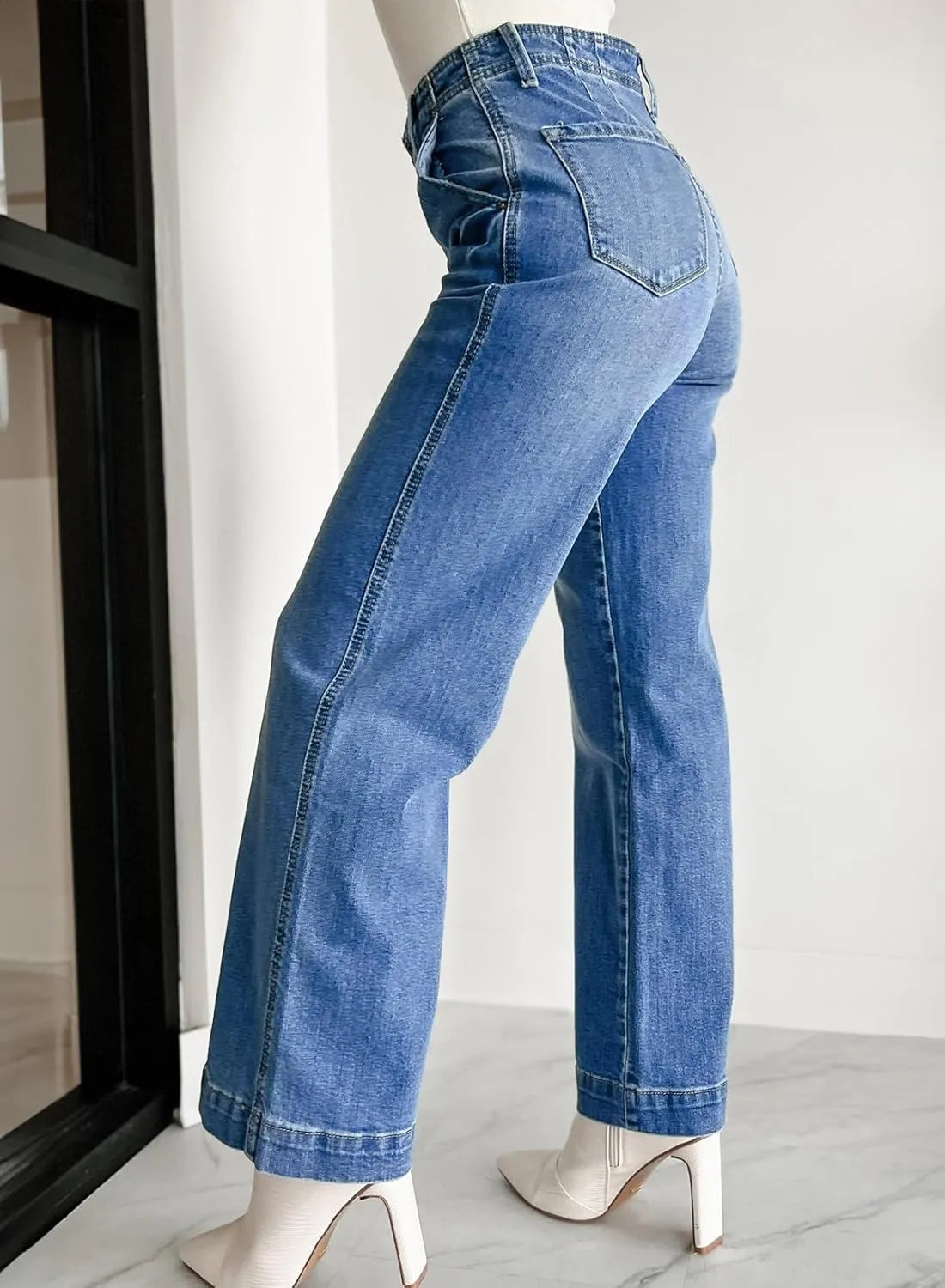 Sidefeel Women's Wide Leg Jeans High Waisted Button Fly Stretchy Straight Legs Denim Pants