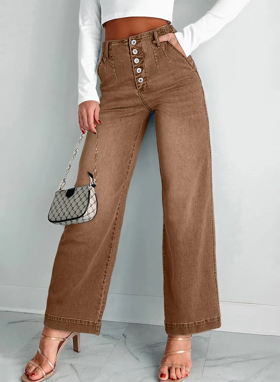 Sidefeel Women's Wide Leg Jeans High Waisted Button Fly Stretchy Straight Legs Denim Pants