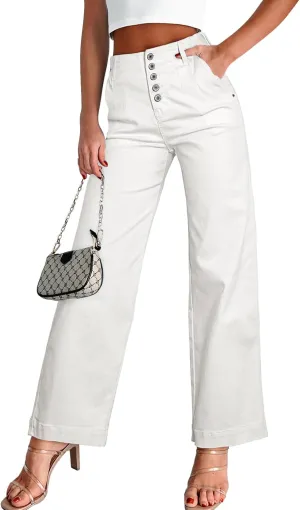 Sidefeel Women's Wide Leg Jeans High Waisted Button Fly Stretchy Straight Legs Denim Pants