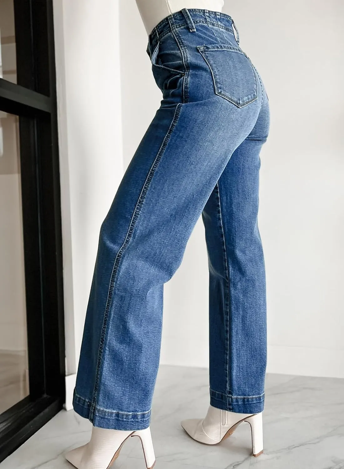 Sidefeel Women's Wide Leg Jeans High Waisted Button Fly Stretchy Straight Legs Denim Pants