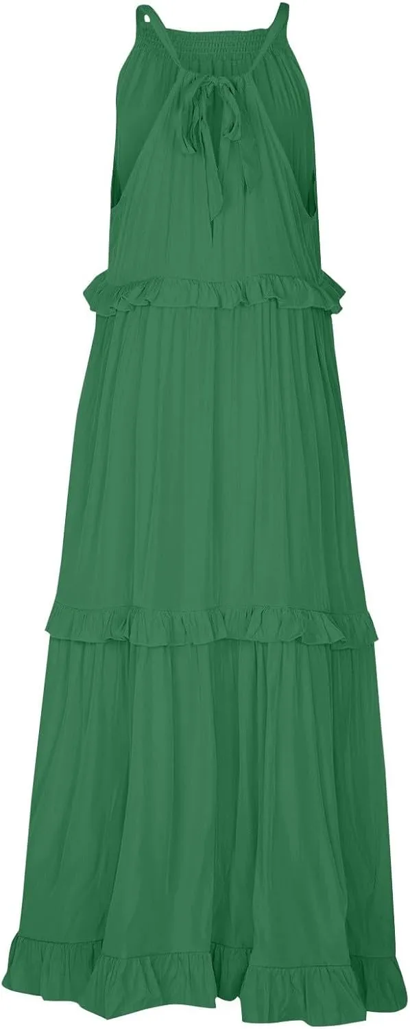 Smocked Dress for Women Summer Sleeveless Tank Dress Halter Tie Back Loose Flowy Ruffle Tiered Maxi Dresses