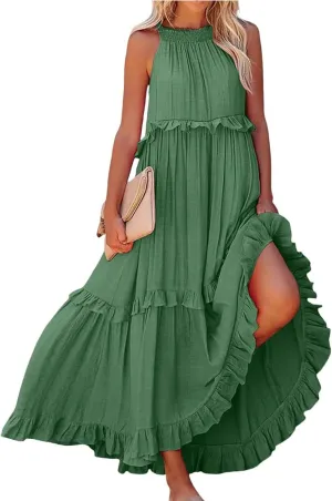 Smocked Dress for Women Summer Sleeveless Tank Dress Halter Tie Back Loose Flowy Ruffle Tiered Maxi Dresses