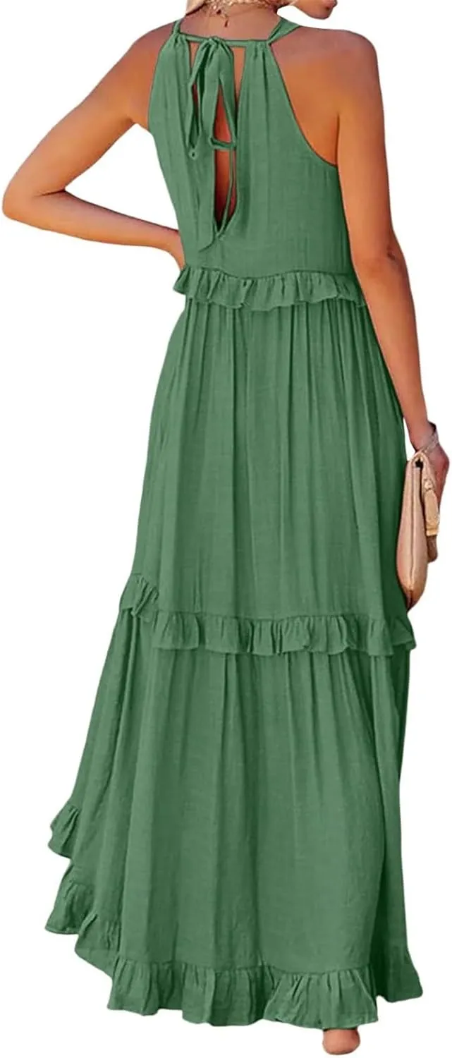 Smocked Dress for Women Summer Sleeveless Tank Dress Halter Tie Back Loose Flowy Ruffle Tiered Maxi Dresses