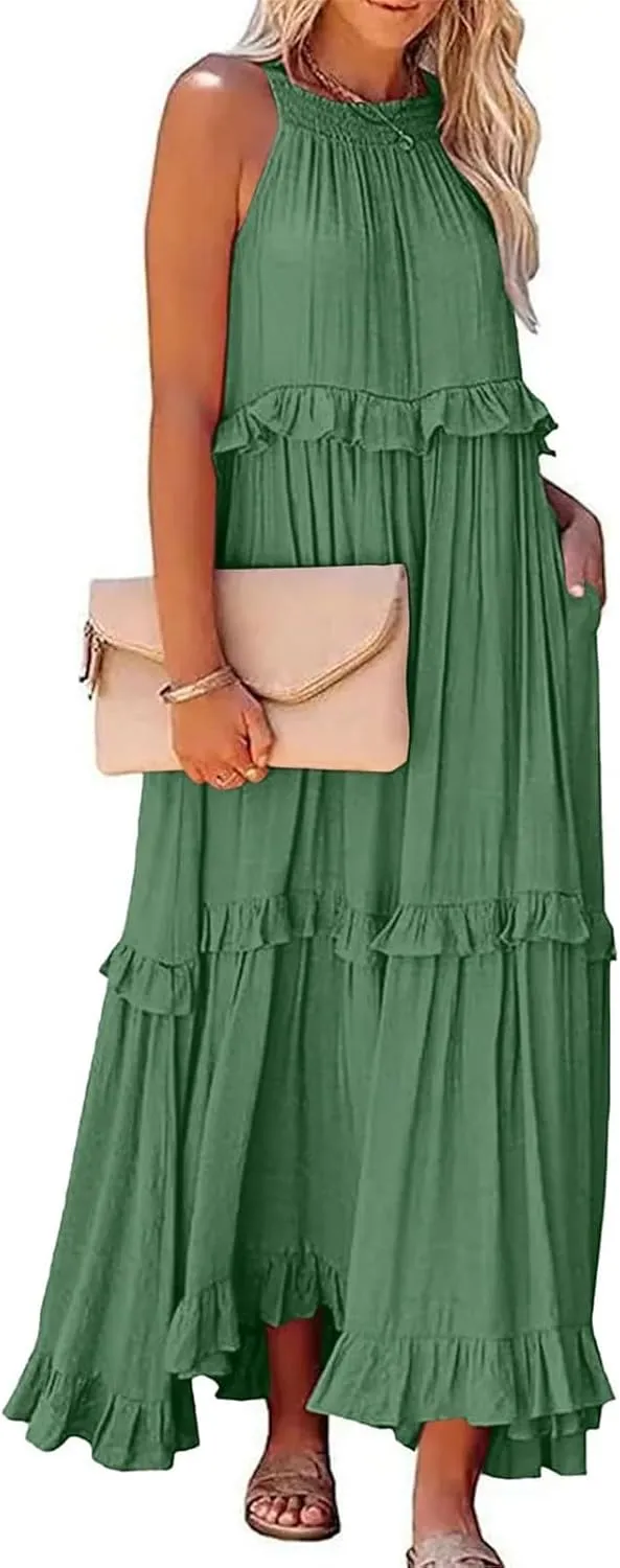 Smocked Dress for Women Summer Sleeveless Tank Dress Halter Tie Back Loose Flowy Ruffle Tiered Maxi Dresses