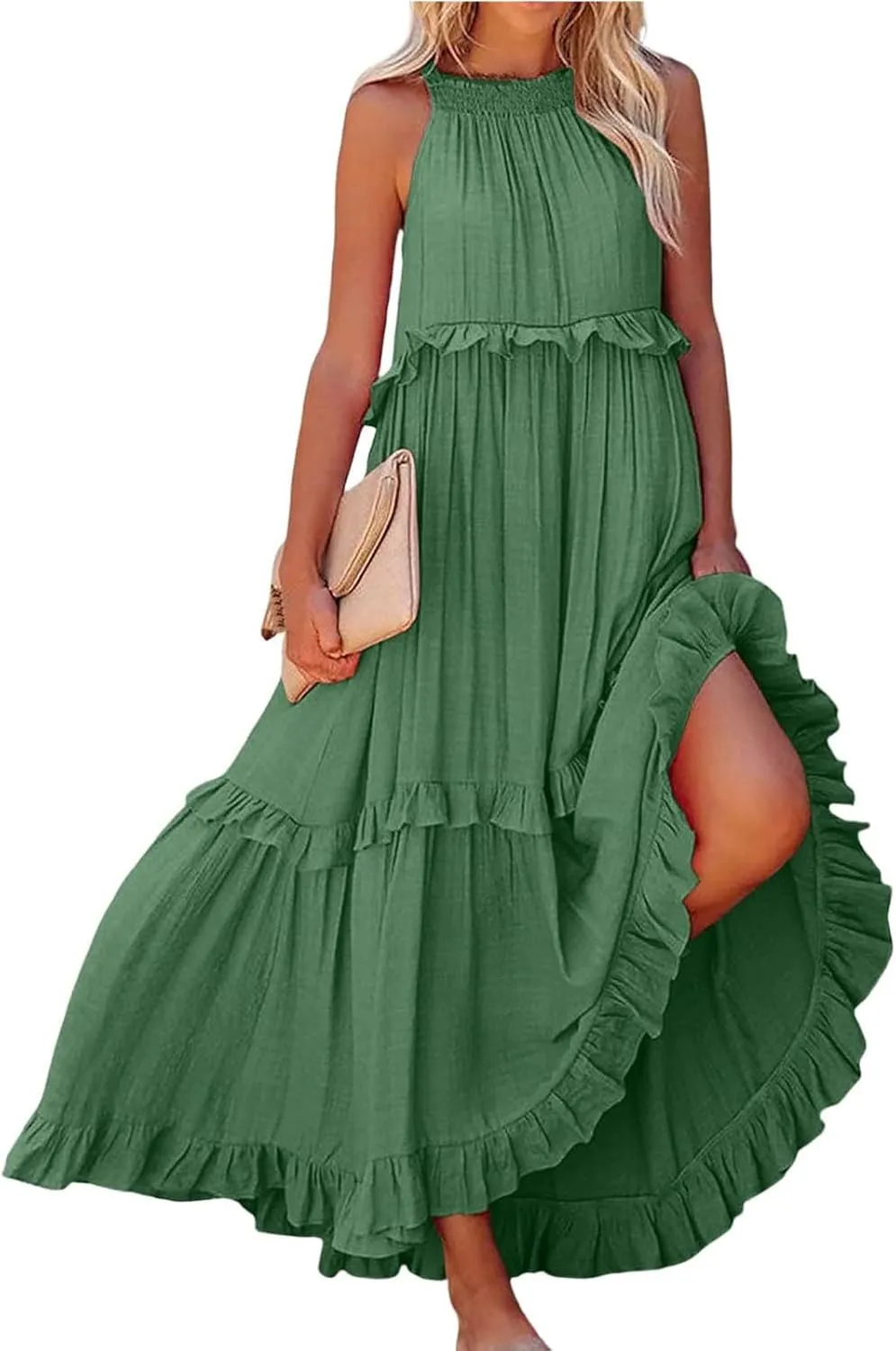 Smocked Dress for Women Summer Sleeveless Tank Dress Halter Tie Back Loose Flowy Ruffle Tiered Maxi Dresses