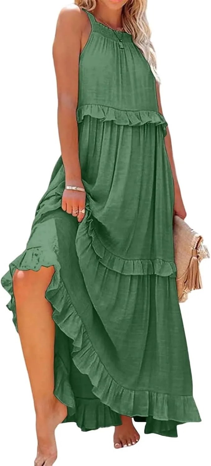 Smocked Dress for Women Summer Sleeveless Tank Dress Halter Tie Back Loose Flowy Ruffle Tiered Maxi Dresses