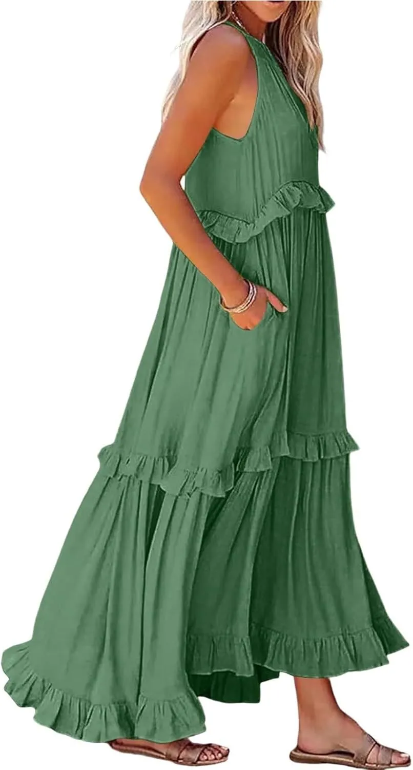 Smocked Dress for Women Summer Sleeveless Tank Dress Halter Tie Back Loose Flowy Ruffle Tiered Maxi Dresses