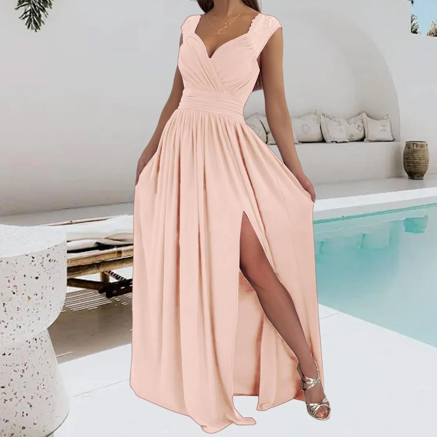 Smoneyful Womens 2025 Formal Maxi Dresses, Wrap V Neck, Ruched, Satin Pleated with Slit, for Bridesmaids & Wedding Guests