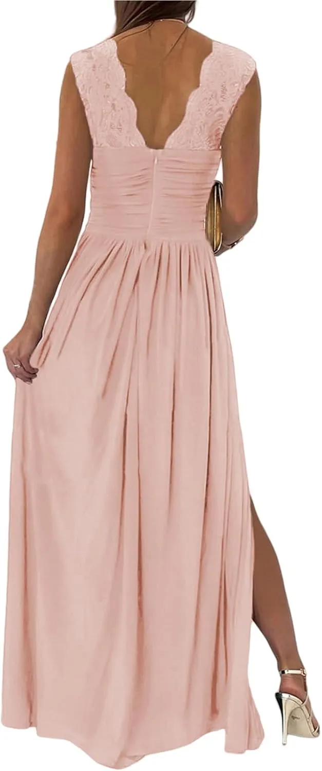 Smoneyful Womens 2025 Formal Maxi Dresses, Wrap V Neck, Ruched, Satin Pleated with Slit, for Bridesmaids & Wedding Guests