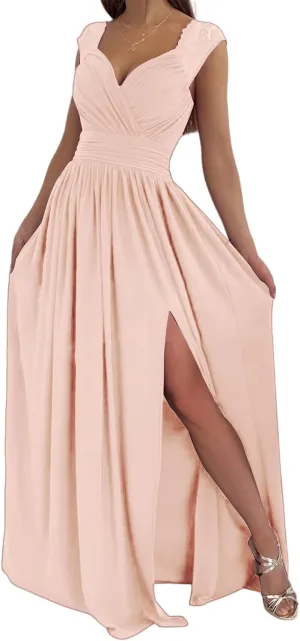 Smoneyful Womens 2025 Formal Maxi Dresses, Wrap V Neck, Ruched, Satin Pleated with Slit, for Bridesmaids & Wedding Guests