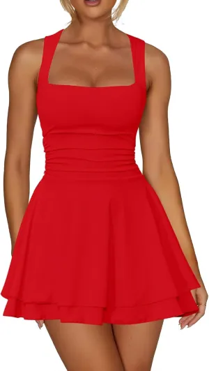 Smoneyful Womens Square Neck Sleeveless Mini Dress Ruched Waist Tiered Ruffle Hem A Line for Party Casual Occasions