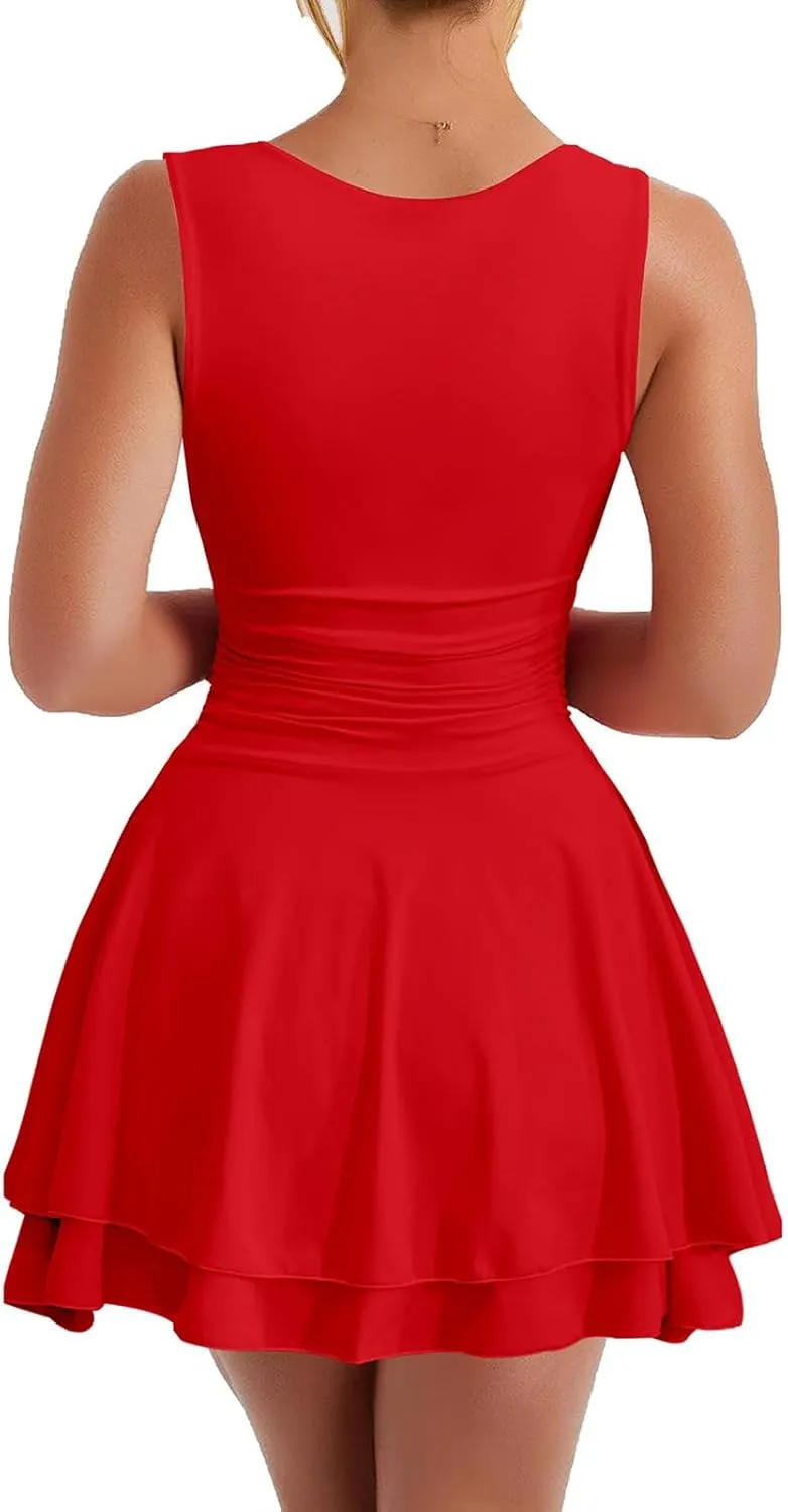Smoneyful Womens Square Neck Sleeveless Mini Dress Ruched Waist Tiered Ruffle Hem A Line for Party Casual Occasions