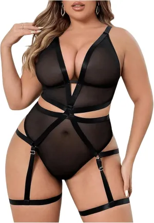 SOLY HUX Plus Size Teddy Lingerie for Women Sheer Mesh See Through Deep V Babydoll Bodysuits