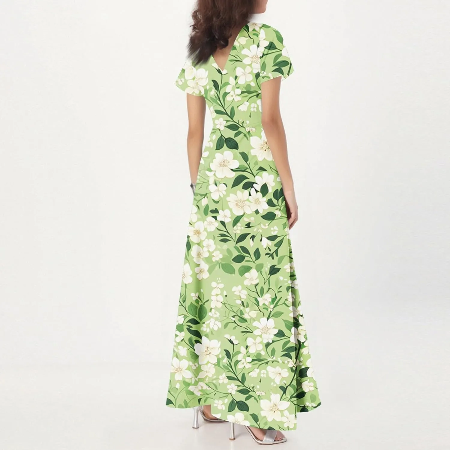 Spring Dresses,Flowy Floral Maxi Dress Short Sleeve Wedding Guest Trendy Women's Casual Dresses