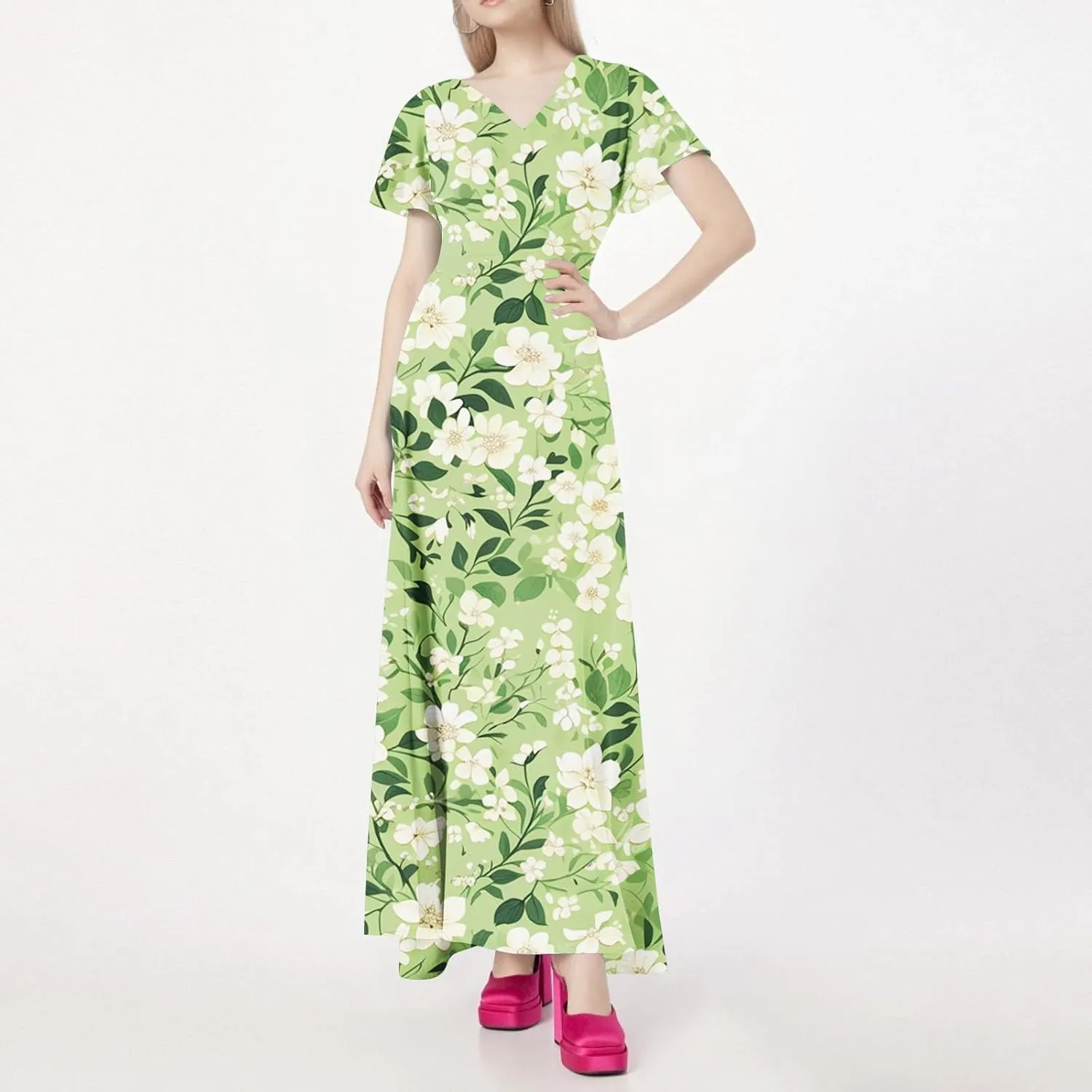 Spring Dresses,Flowy Floral Maxi Dress Short Sleeve Wedding Guest Trendy Women's Casual Dresses