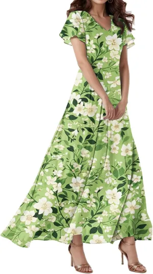 Spring Dresses,Flowy Floral Maxi Dress Short Sleeve Wedding Guest Trendy Women's Casual Dresses