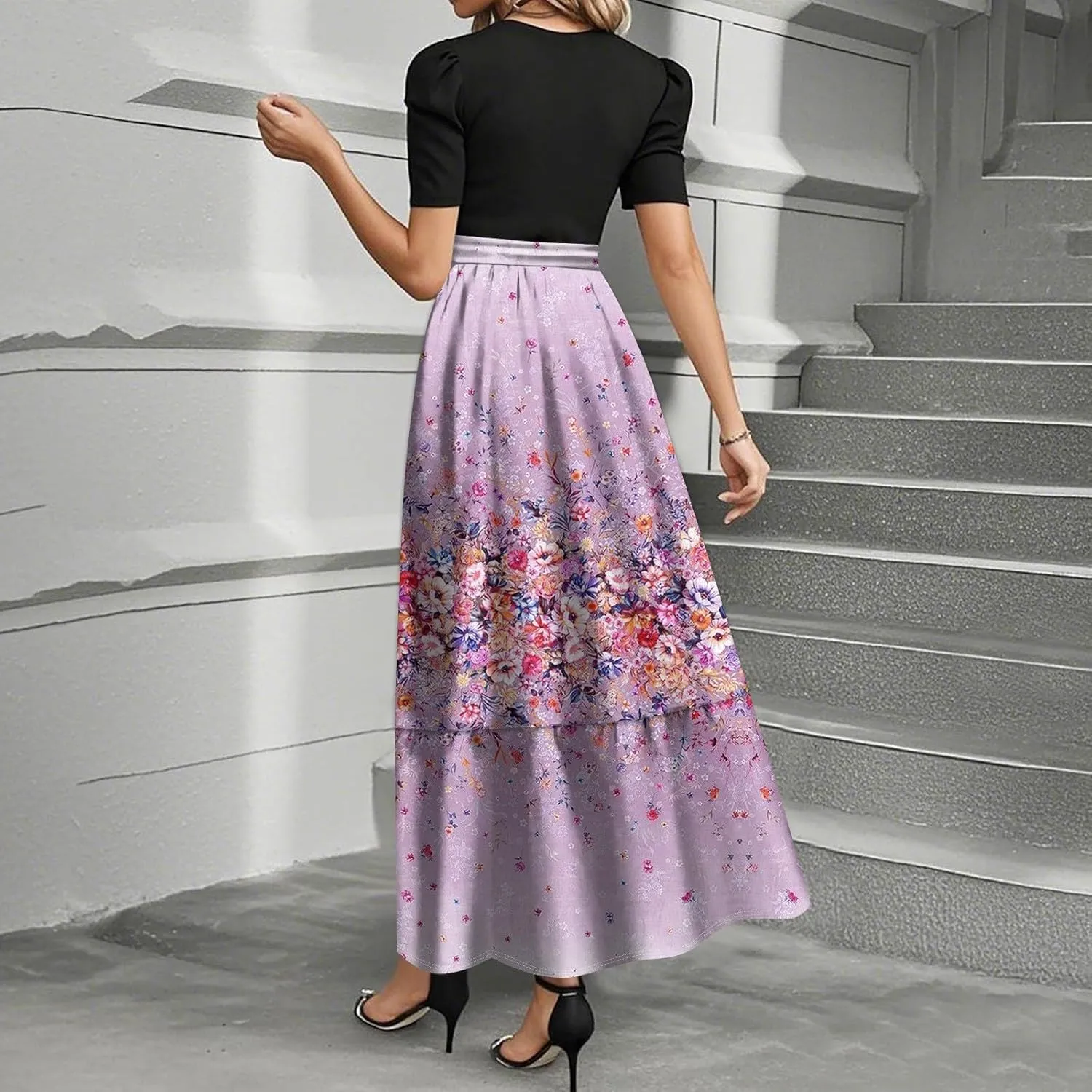 Spring Long Dresses for Women 2025 Wedding Guest Dress Plus Size Short Sleeve Crewneck Aline Dresses Elegant Dress