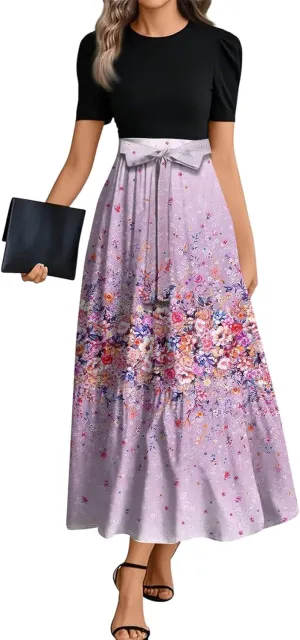 Spring Long Dresses for Women 2025 Wedding Guest Dress Plus Size Short Sleeve Crewneck Aline Dresses Elegant Dress