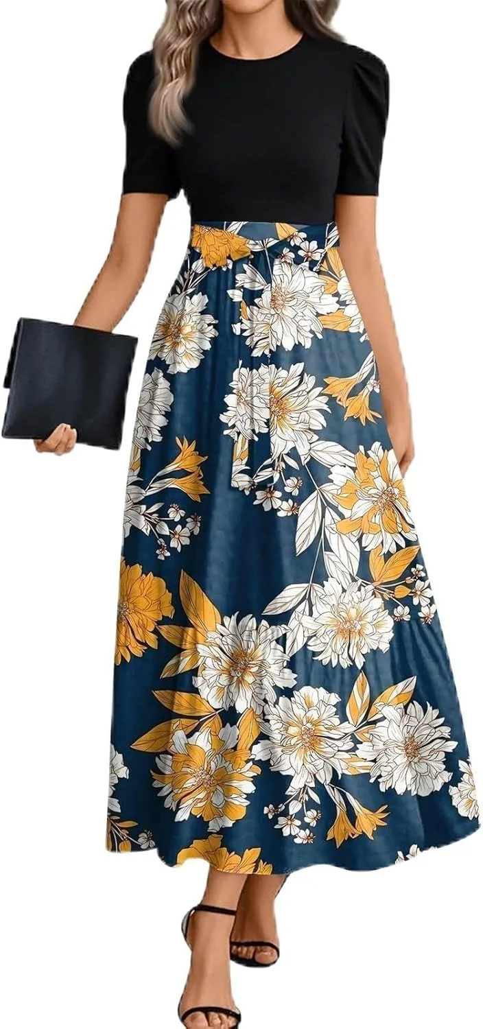Spring/Summer Dresses for Women 2025- Floral Print Wrap Short Sleeve Maxi Dress Patchwork Ruffle Hem A Line Dress