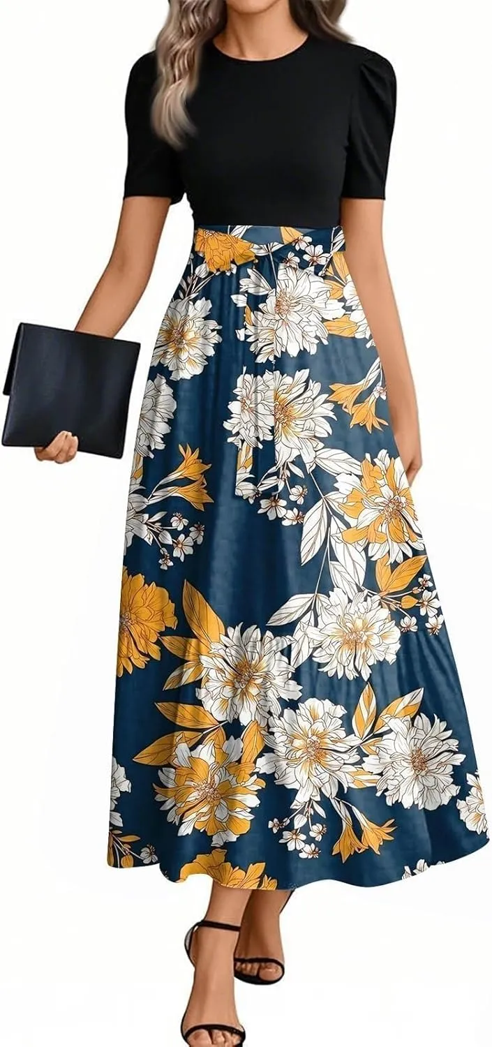 Spring/Summer Dresses for Women 2025- Floral Print Wrap Short Sleeve Maxi Dress Patchwork Ruffle Hem A Line Dress