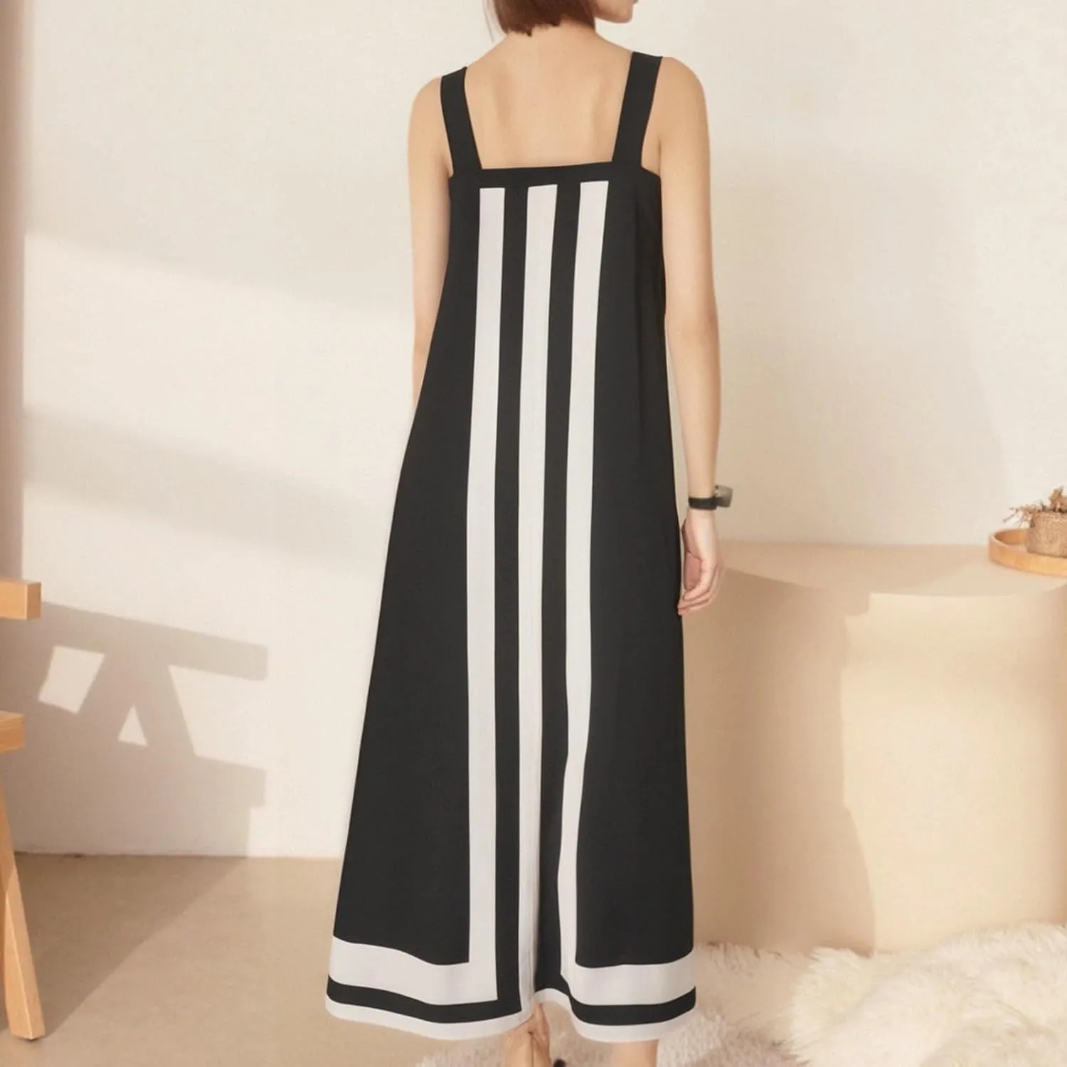 Striped Maxi Dresses for Women 2025 Boho Color Block Shoulder Strap Dress Sleeveless Flare Beach Coverups Overalls Dress