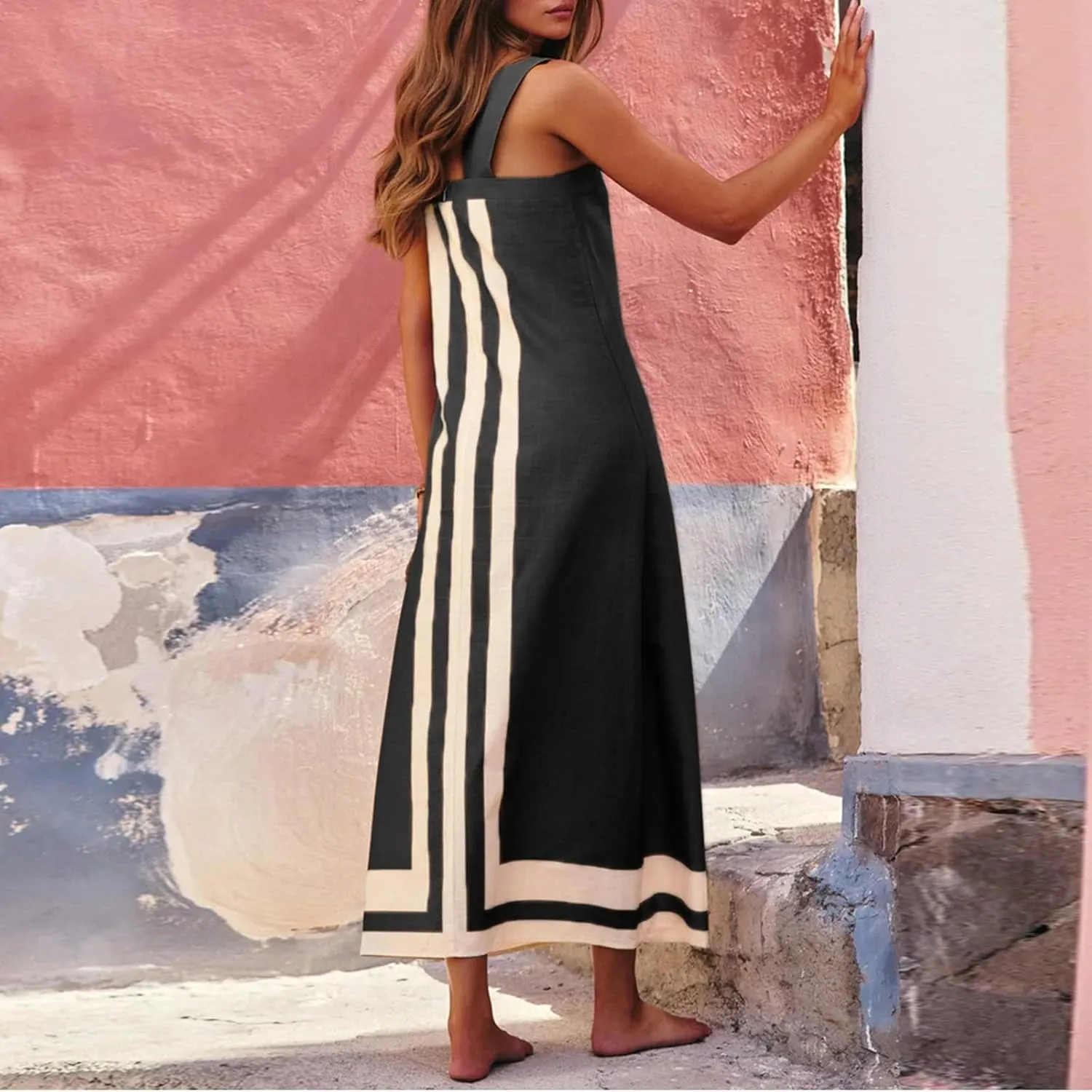 Striped Maxi Dresses for Women 2025 Boho Color Block Shoulder Strap Dress Sleeveless Flare Beach Coverups Overalls Dress