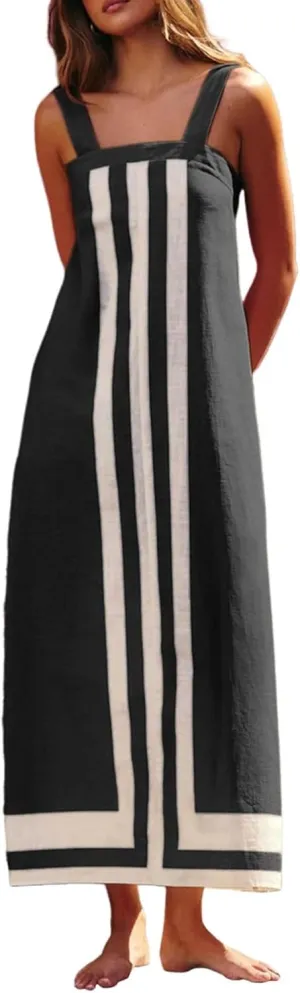 Striped Maxi Dresses for Women 2025 Boho Color Block Shoulder Strap Dress Sleeveless Flare Beach Coverups Overalls Dress