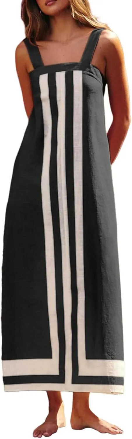 Striped Maxi Dresses for Women 2025 Boho Color Block Shoulder Strap Dress Sleeveless Flare Beach Coverups Overalls Dress