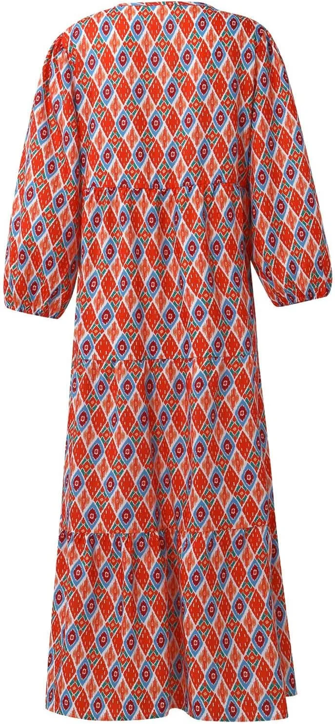 Summer Boho Dresses for Women 2025 Puff Sleeve Flower Geometric Maxi Dress Comfy Tiered Gingham Long Flowy Dress