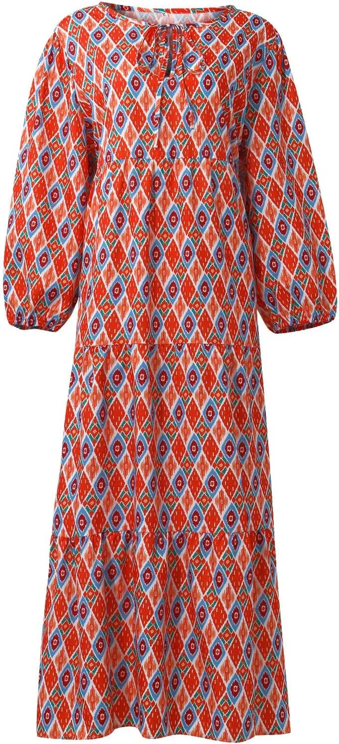 Summer Boho Dresses for Women 2025 Puff Sleeve Flower Geometric Maxi Dress Comfy Tiered Gingham Long Flowy Dress