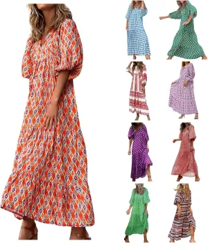 Summer Boho Dresses for Women 2025 Puff Sleeve Flower Geometric Maxi Dress Comfy Tiered Gingham Long Flowy Dress