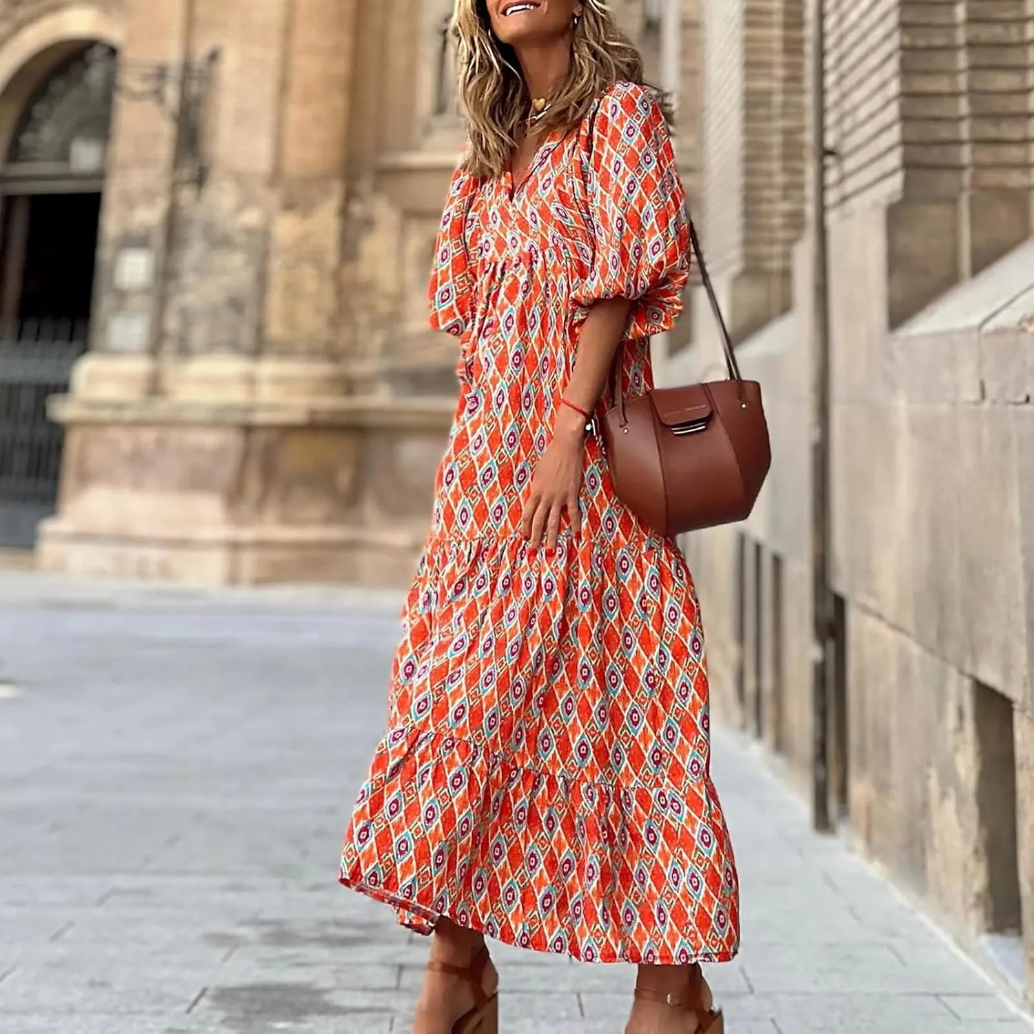 Summer Boho Dresses for Women 2025 Puff Sleeve Flower Geometric Maxi Dress Comfy Tiered Gingham Long Flowy Dress