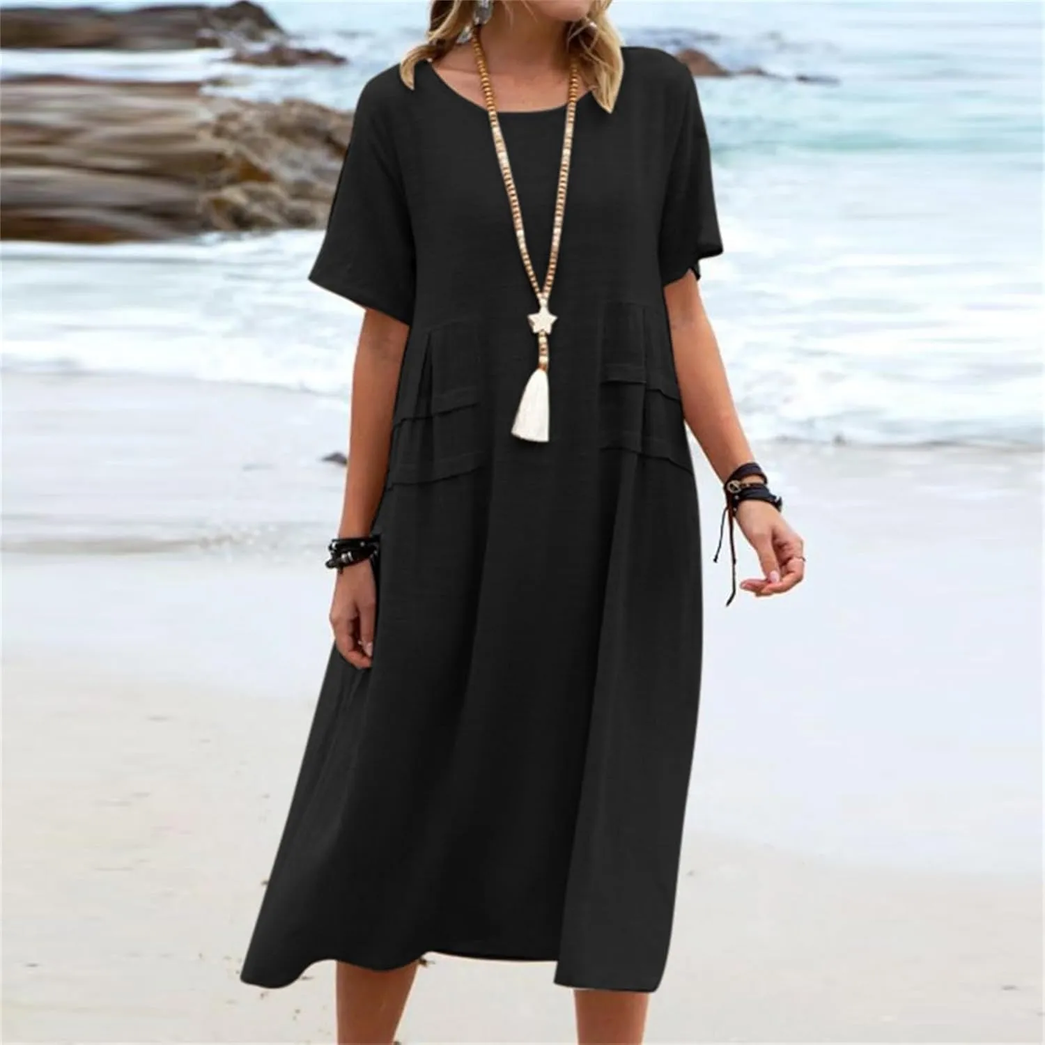 Summer Dresses for Women 2025 Cotton Linen Casual Midi Dress Short Sleeve Plus Size Beach Dress Flowy Travel Dresses