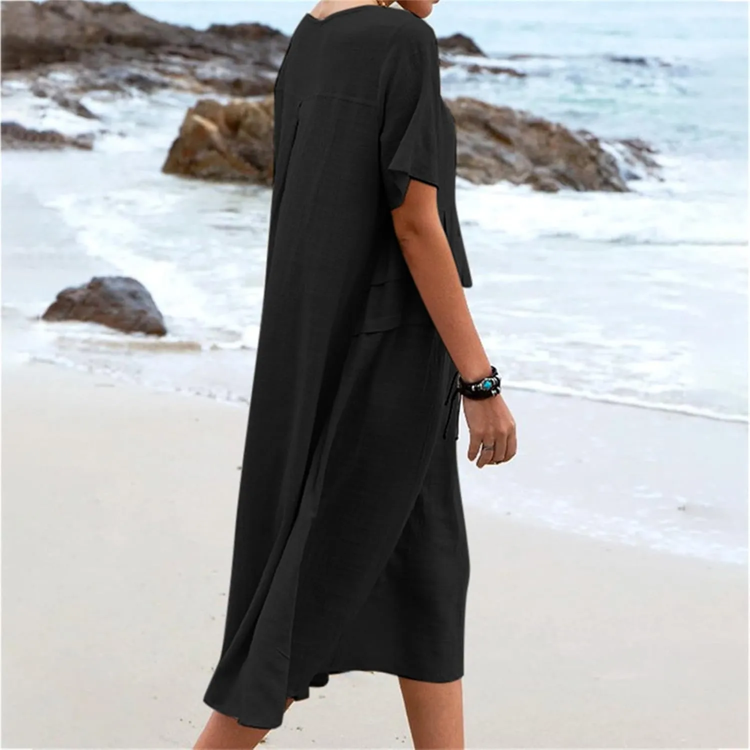 Summer Dresses for Women 2025 Cotton Linen Casual Midi Dress Short Sleeve Plus Size Beach Dress Flowy Travel Dresses