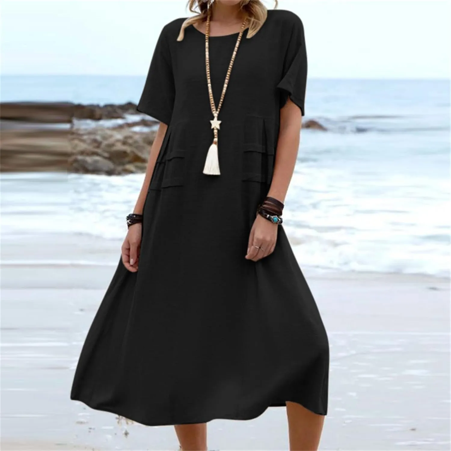 Summer Dresses for Women 2025 Cotton Linen Casual Midi Dress Short Sleeve Plus Size Beach Dress Flowy Travel Dresses