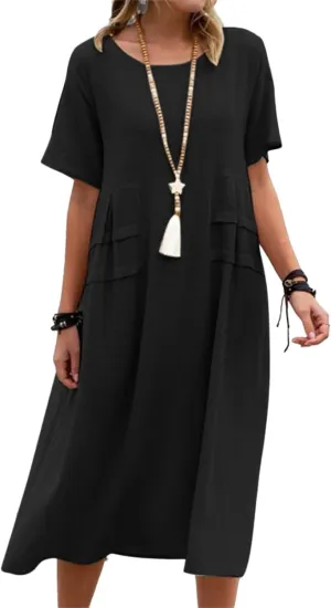 Summer Dresses for Women 2025 Cotton Linen Casual Midi Dress Short Sleeve Plus Size Beach Dress Flowy Travel Dresses