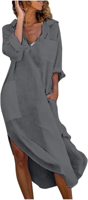 Summer Dresses for Women 2025 Cotton Linen Long Sleeve Button Down Casual Loose Maxi Shift Boho Flowy Dress